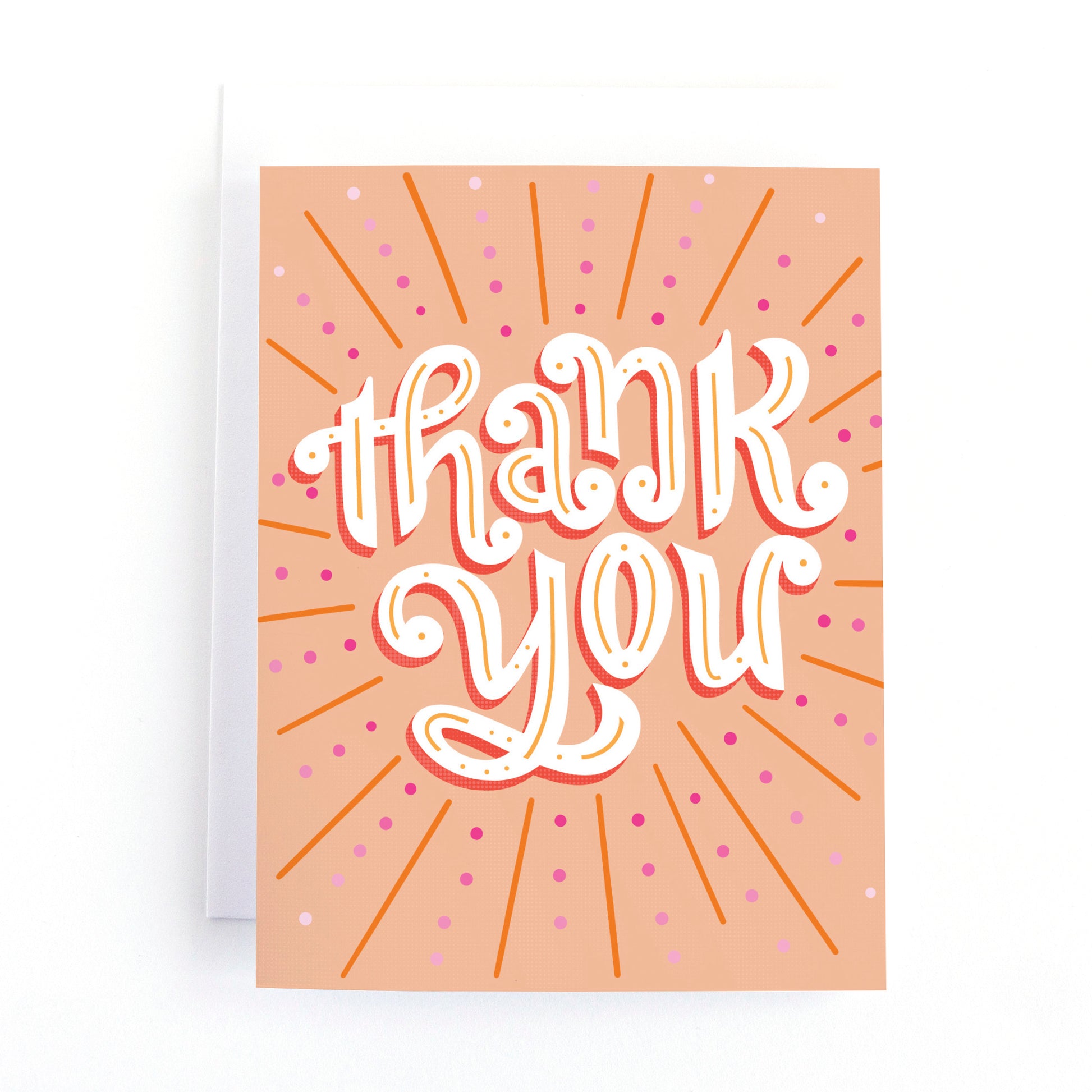 Thank you card with retro lettering and a pink and red colour palette with the text Thank you.