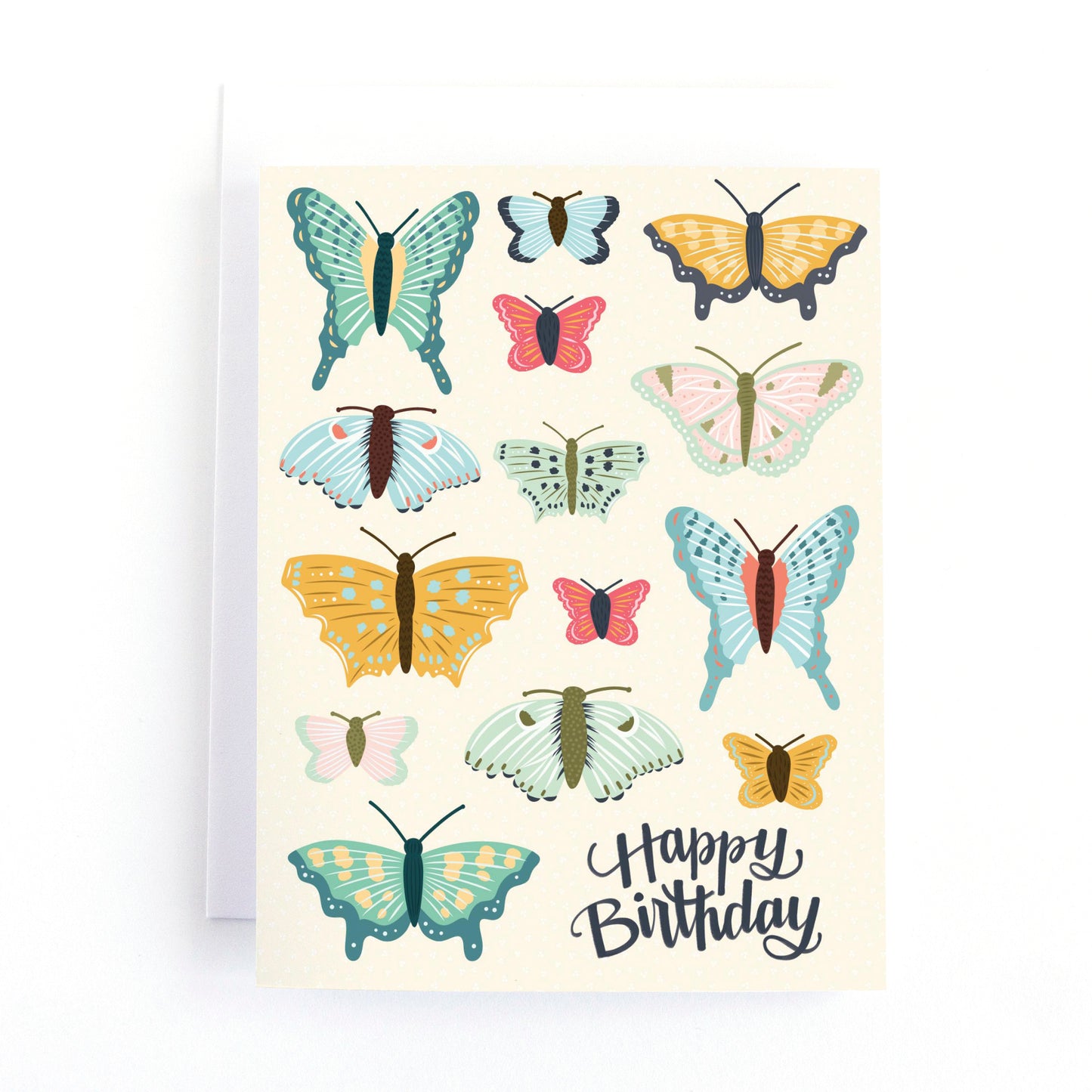 Birthday card with whimsical butterfly illustrations and the message, happy birthday.