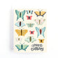 Birthday card with whimsical butterfly illustrations and the message, happy birthday.