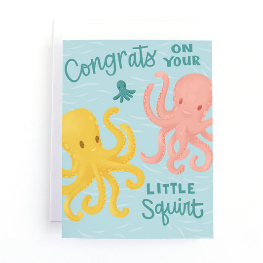 Ocean themed baby shower with a mother and father octopi swimming with a tiny baby octopus and the text, Congrats on your little squirt.