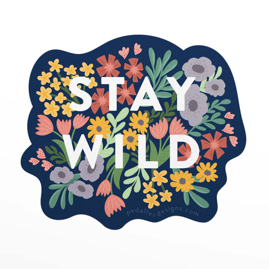 durable vinyl sticker with the text stay wild surrounded by hand drawn wild flowers on a navy background
