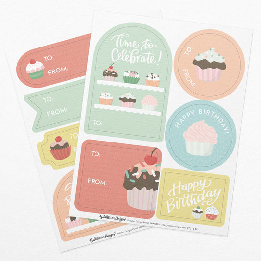 cupcake themed Gift tag sticker sheet set with 2 sheets of brightly coloured stickers that can be used as gift tags on presents or gift boxes.