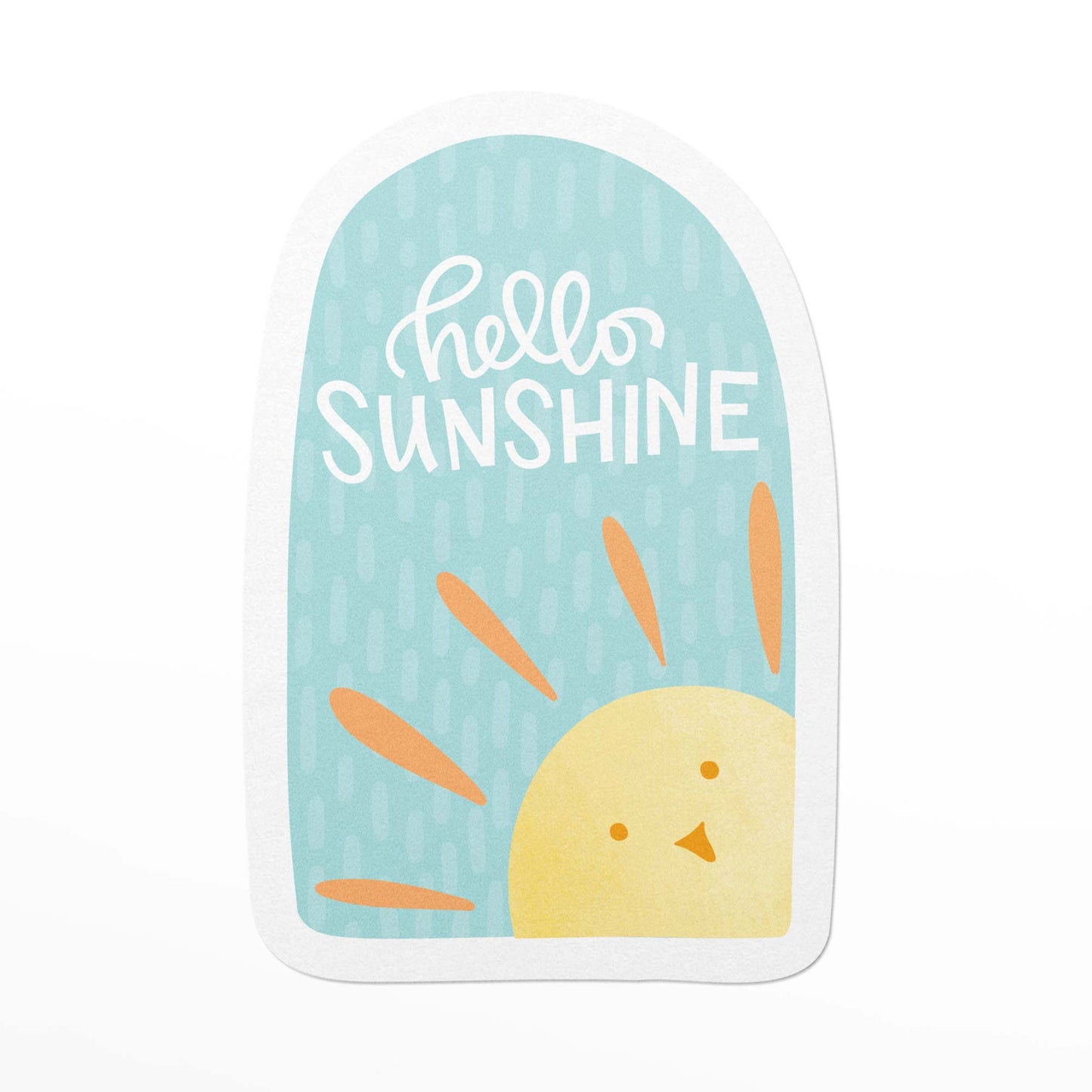 cute vinyl sticker featuring a sun peeking though a window and the text hello sunshine