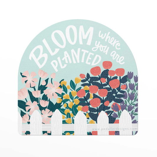 durable vinyl sticker with the inspiring quote, bloom where you are planted on an illustration of a garden full of flowers.