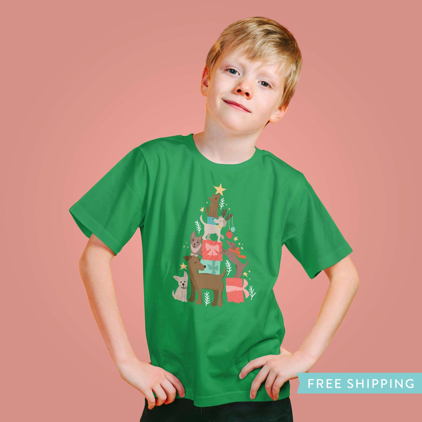 Kid's Dog Christmas Tree T-Shirt - Green