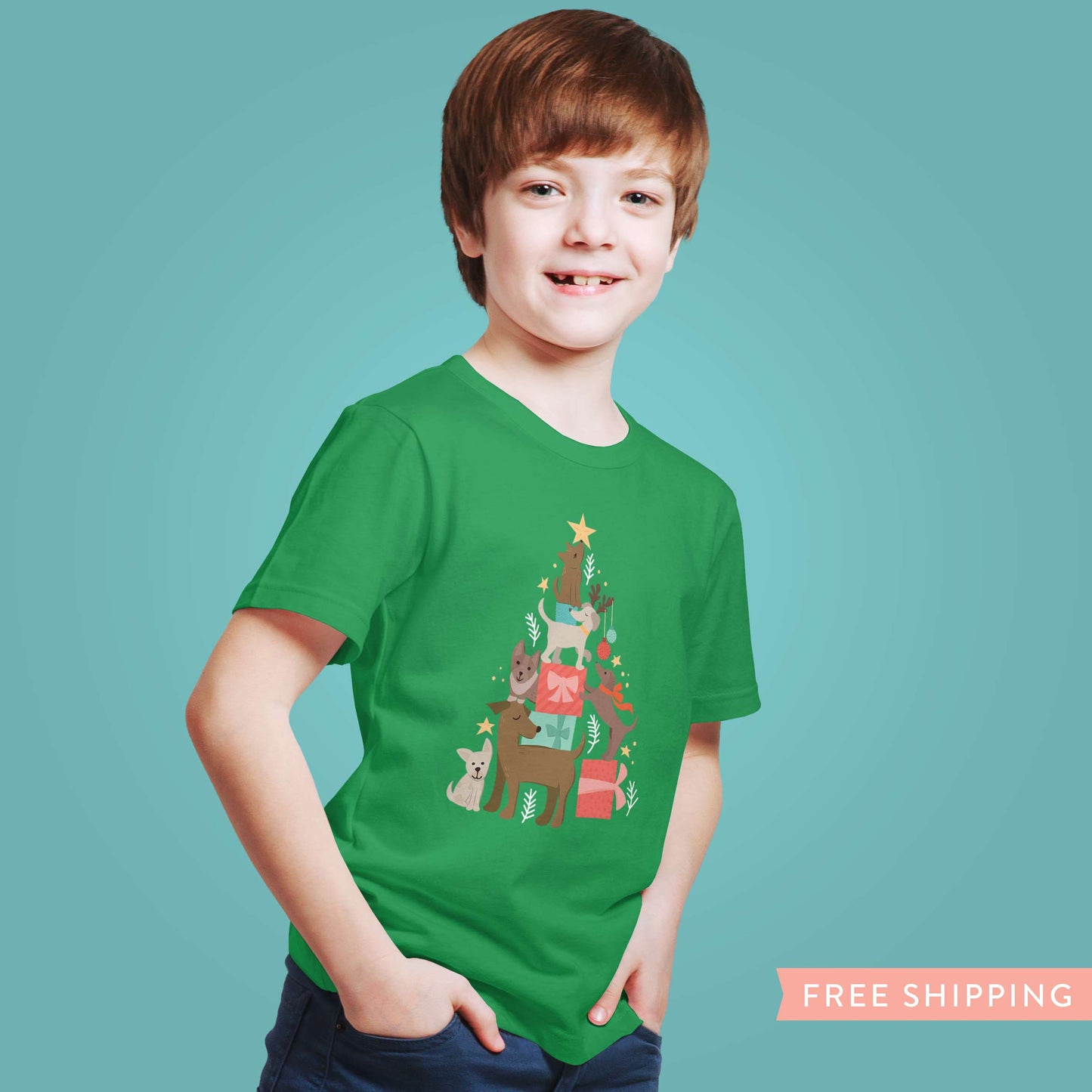 Kid's Dog Christmas Tree T-Shirt - Green