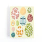 Easter card featuring illustrations of colourful hand painted easter eggs on a light green background.
