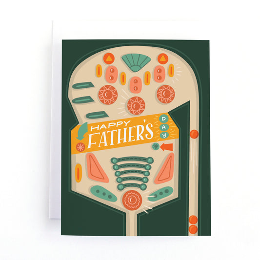 Father's day card with a retro pinball machine illustration in green and orange.