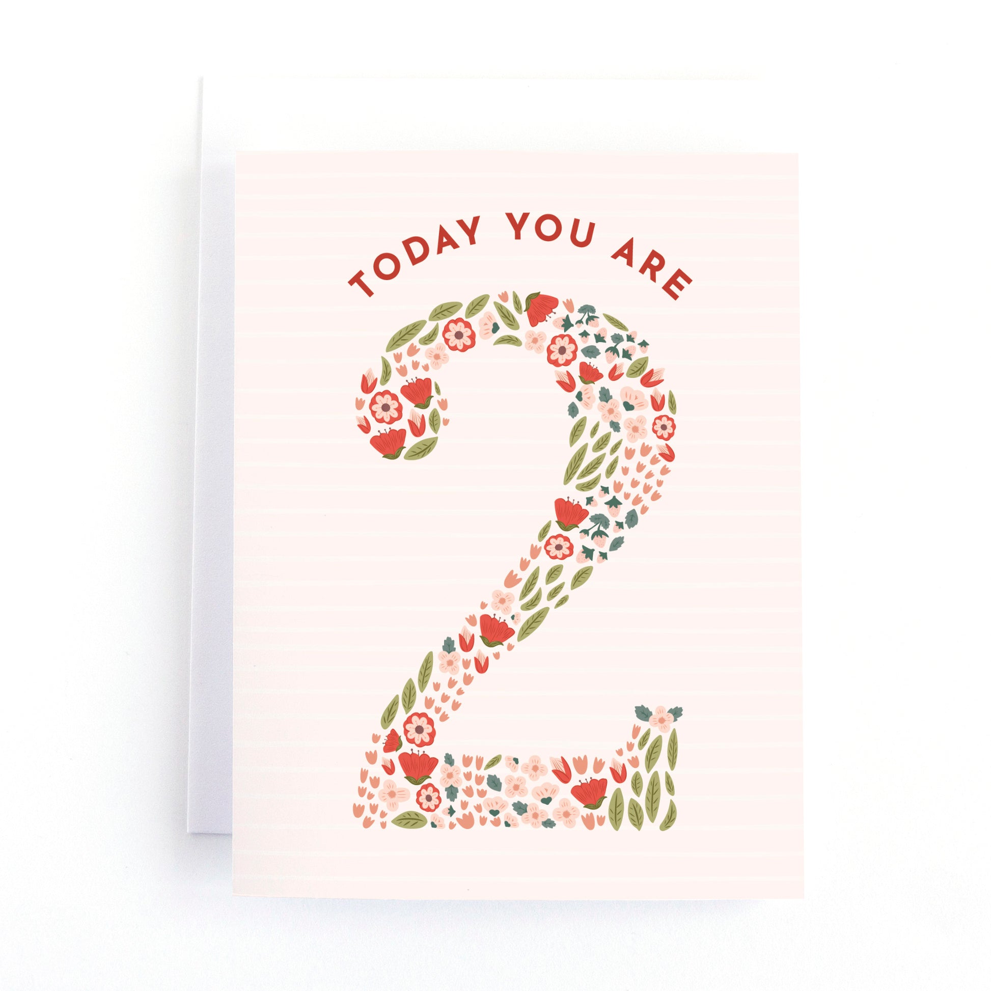 kids Second birthday card with illustrations of strawberries and flowers in the shape of a 2 on a blush pink background.