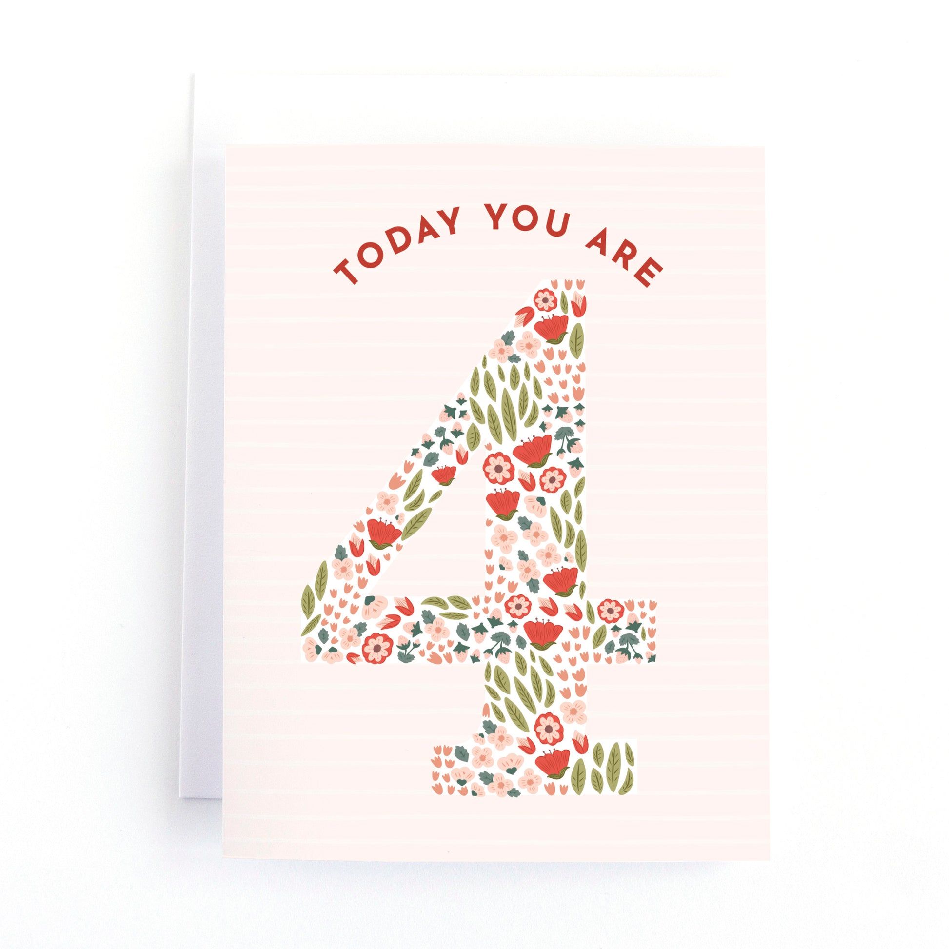 cute 4th birthday card for girls with tiny flowers and strawberries in the shape of the number 4.