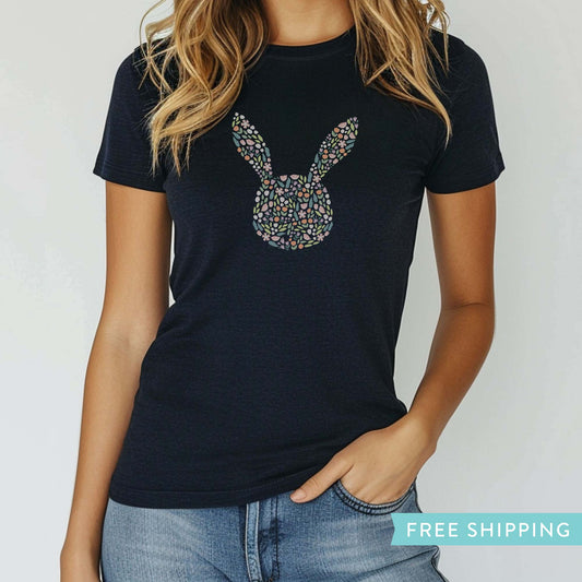 women's navy easter graphic tee features a silhouette of a bunny rabbit filled with spring flowers.