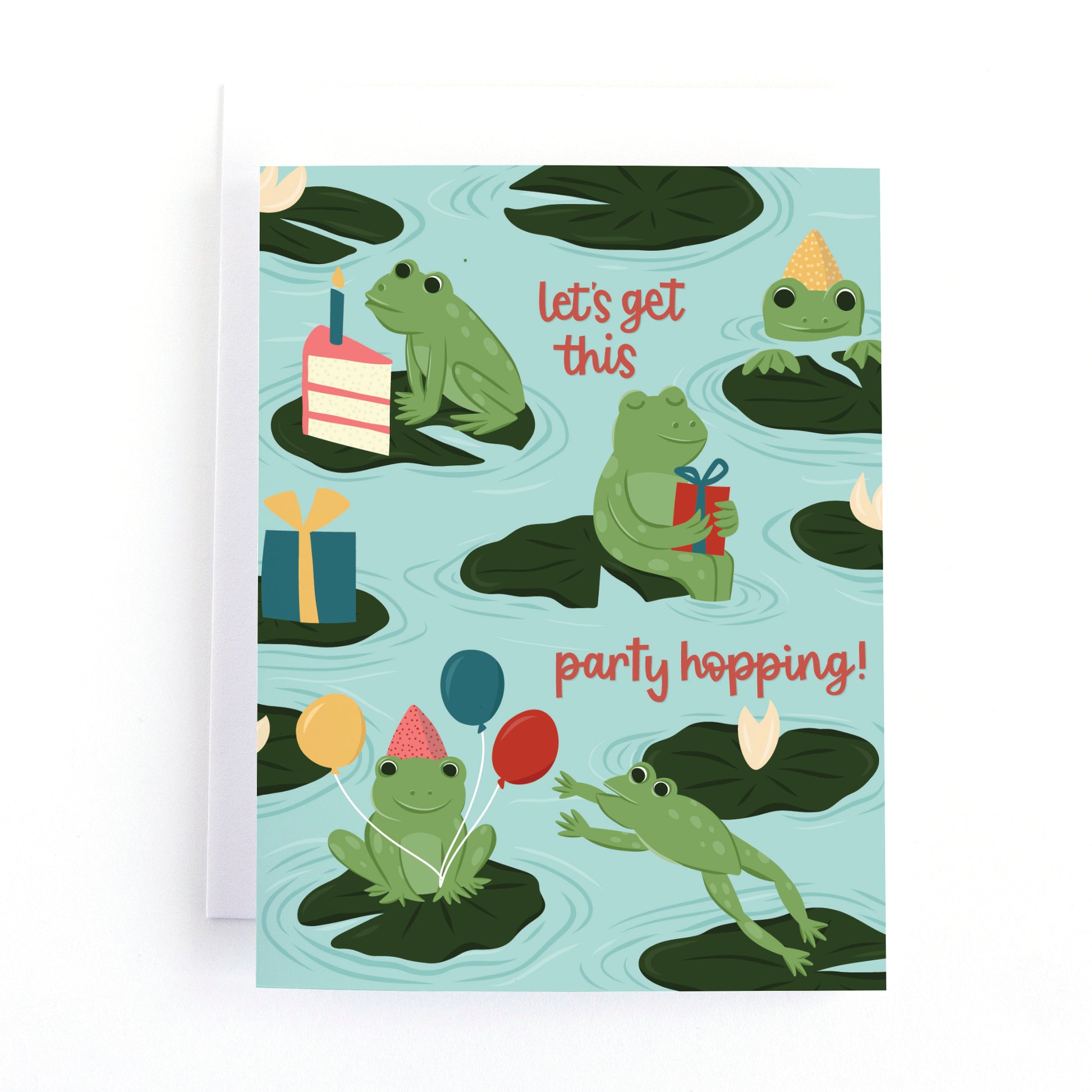 Frog and Pond themed brithday card with frogs wearing party hats on lily pads with balloons, cake and presents and the text, "let's get this party hopping!"