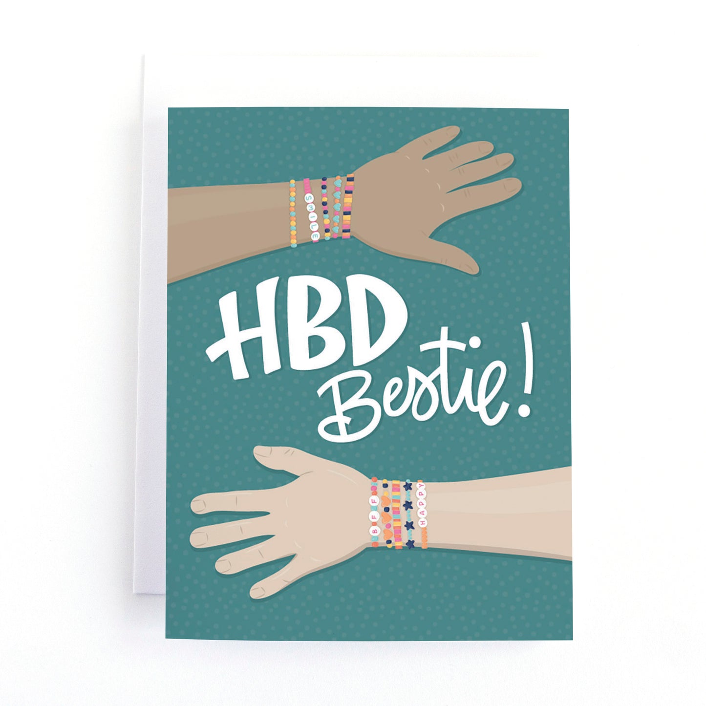 Happy Birthday card for Best friend with a hand drawn illustration with two hands wearing matching friendship bracelets.