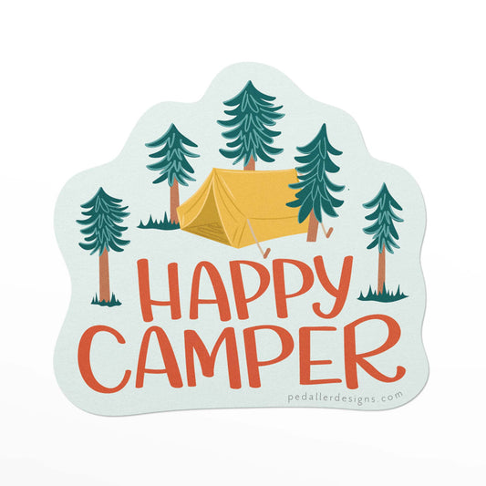 Camping themed Vinyl Sticker with a yellow tent amid pine trees and the hand lettered text, "Happy Camper"