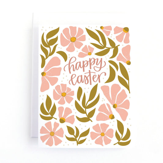 Easter card with elegant pink flowers on a white background surrounding the message, happy easter.