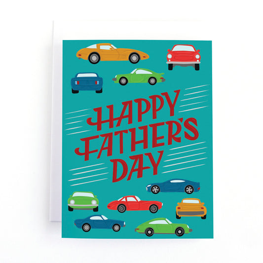 Father's day card with colourful illustrations of sports cars on a bright green background.