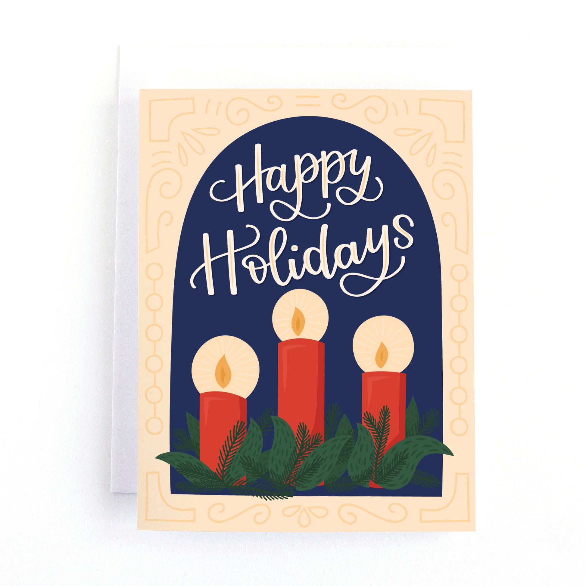winter holiday card featuring red candles surrounded by greenery and the message happy holidays