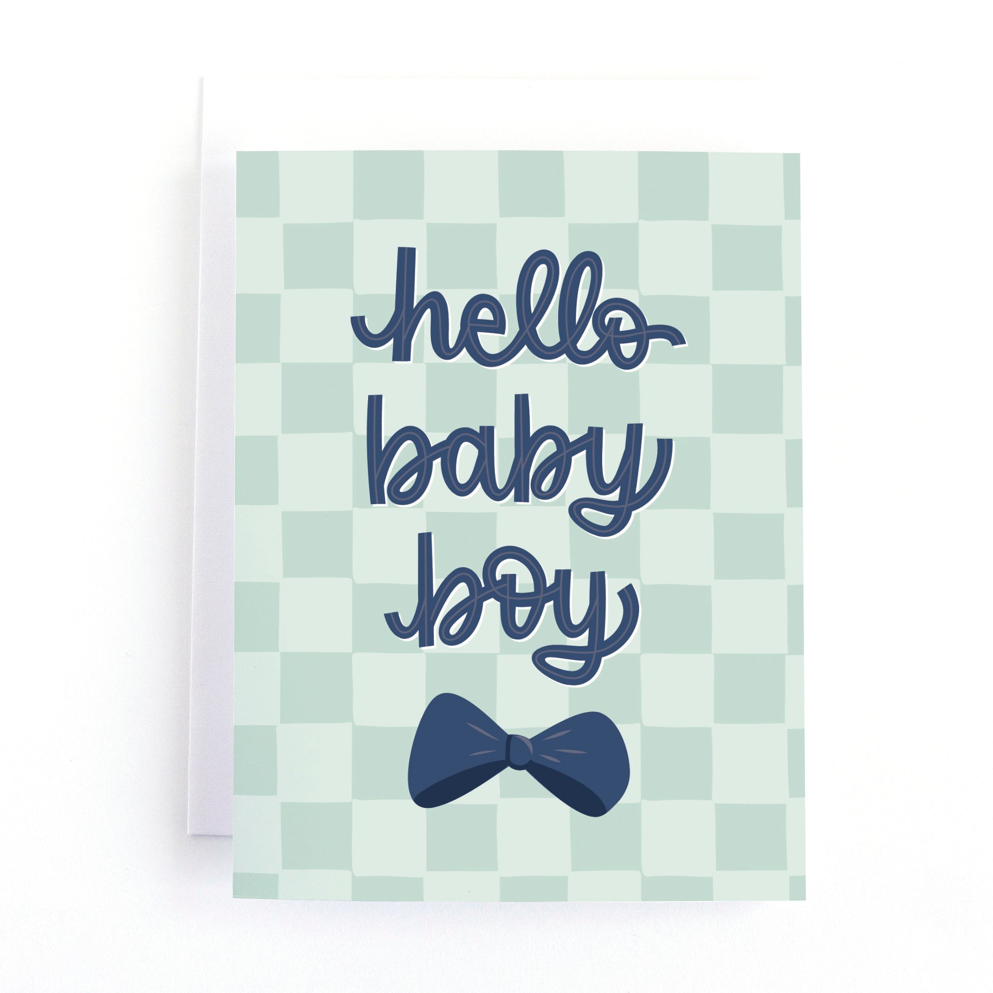 New Baby card for a baby boy with a bow tie on a checkered background and the text, Hello Baby Boy.