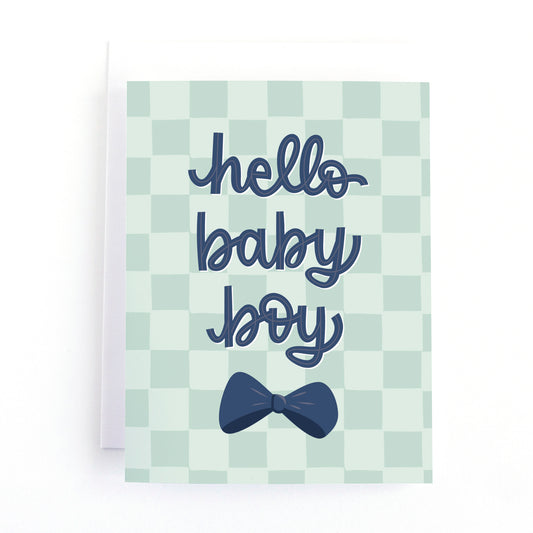 New Baby card for a baby boy with a bow tie on a checkered background and the text, Hello Baby Boy.