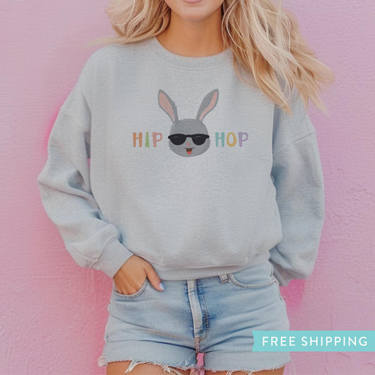 women's grey easter sweatshirt with a cute bunny rabbit illustration and the words, 'hip hop"