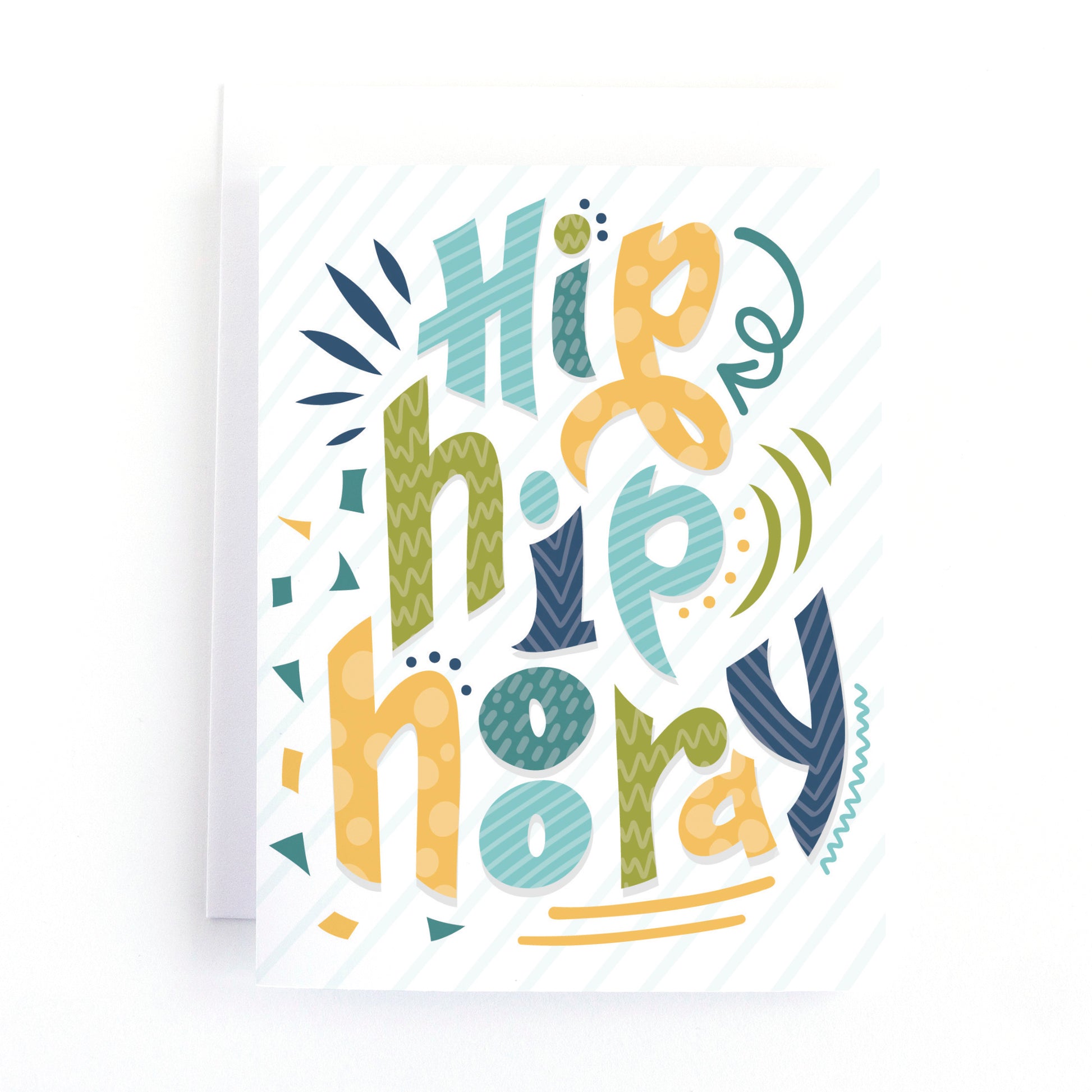 Hand Lettering birthday card with the message Hip, Hip Hooray in colourful letters surrounded by confetti