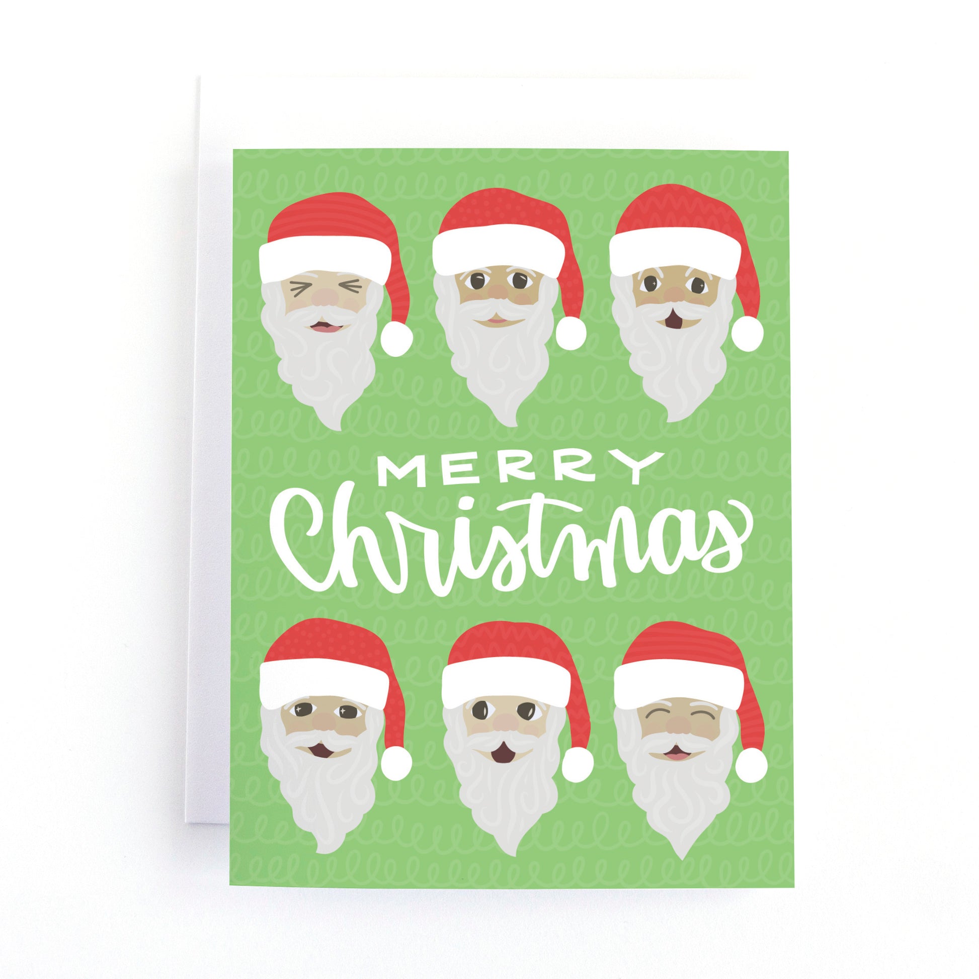 Illustrated Christmas card featuring cute Santa faces on a bright green background with the message Merry Christmas