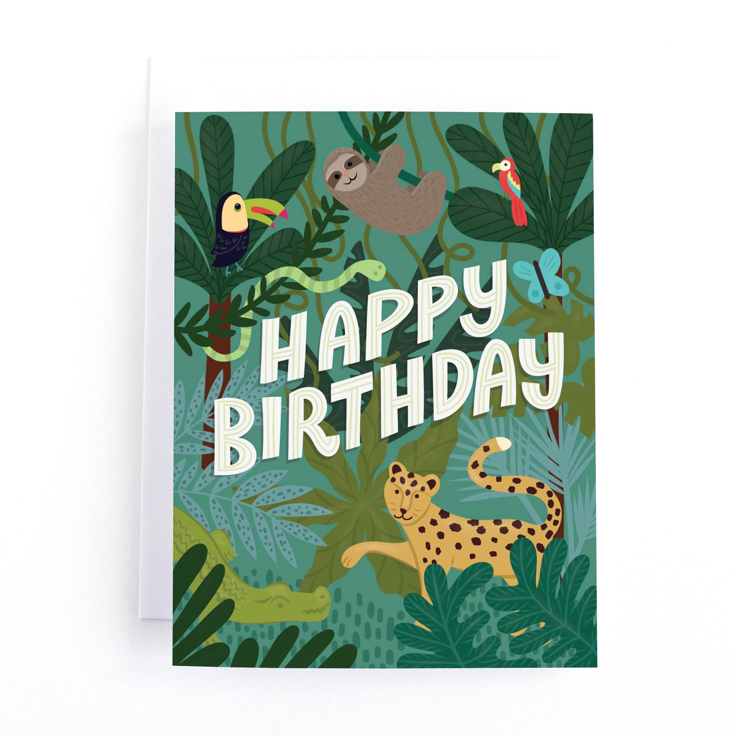 Kids jungle themed birthday card with rainforest animals in the jungel and the message, Happy Birthday.