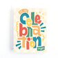 A square greeting card with a colorful retro typographic design that reads 'let the celebration begin' on a cream checkered background.