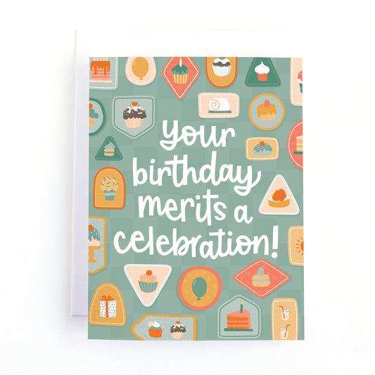 Birthday card covered in illustrations of birthday treat themed scouting badges and the text "your birthday merits a celebration"
