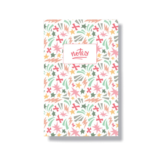 5.5x8.5" notebook with a pattern of lightining bolts and starbursts on the cover in a soft, feminine colour palette. Contains 60 lined pages.