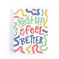 Get Well Card with colourful organic shapes surrounding the hand drawn text Rest up and feel better.