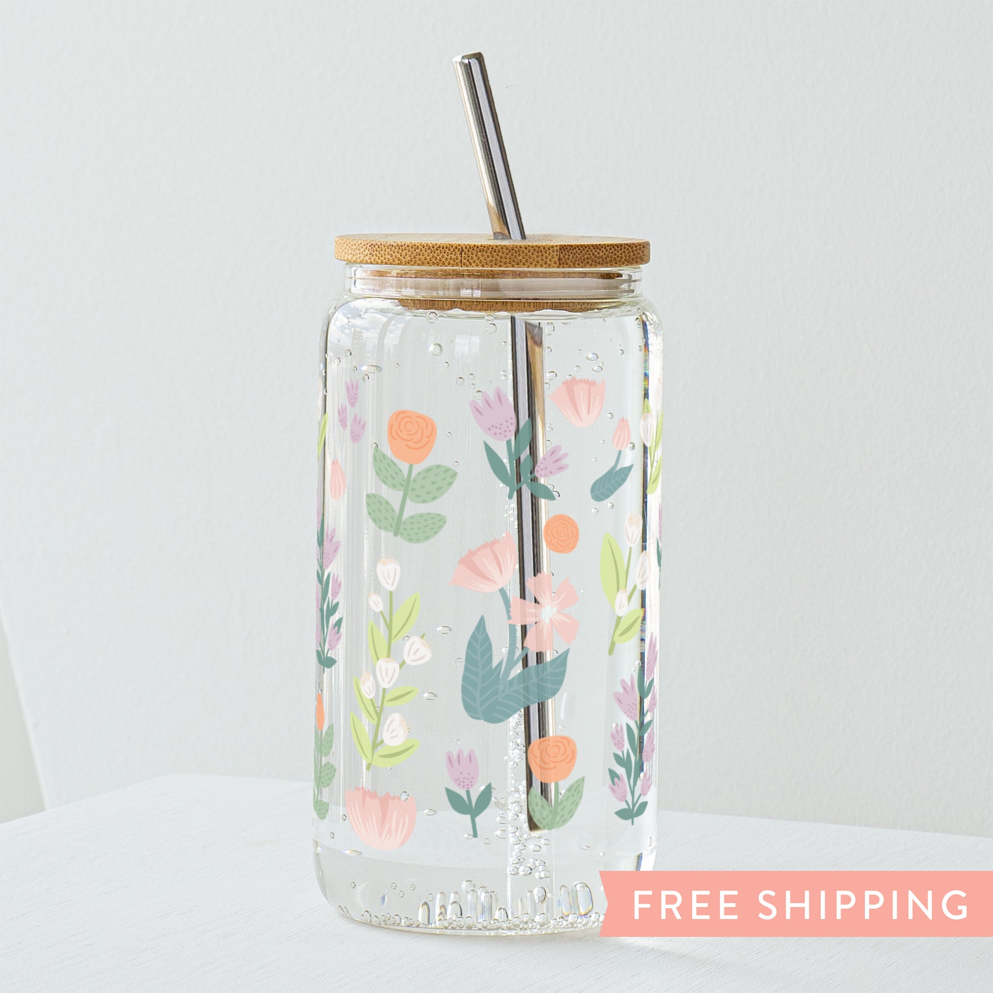 Soda can glass with spring flower illustrations