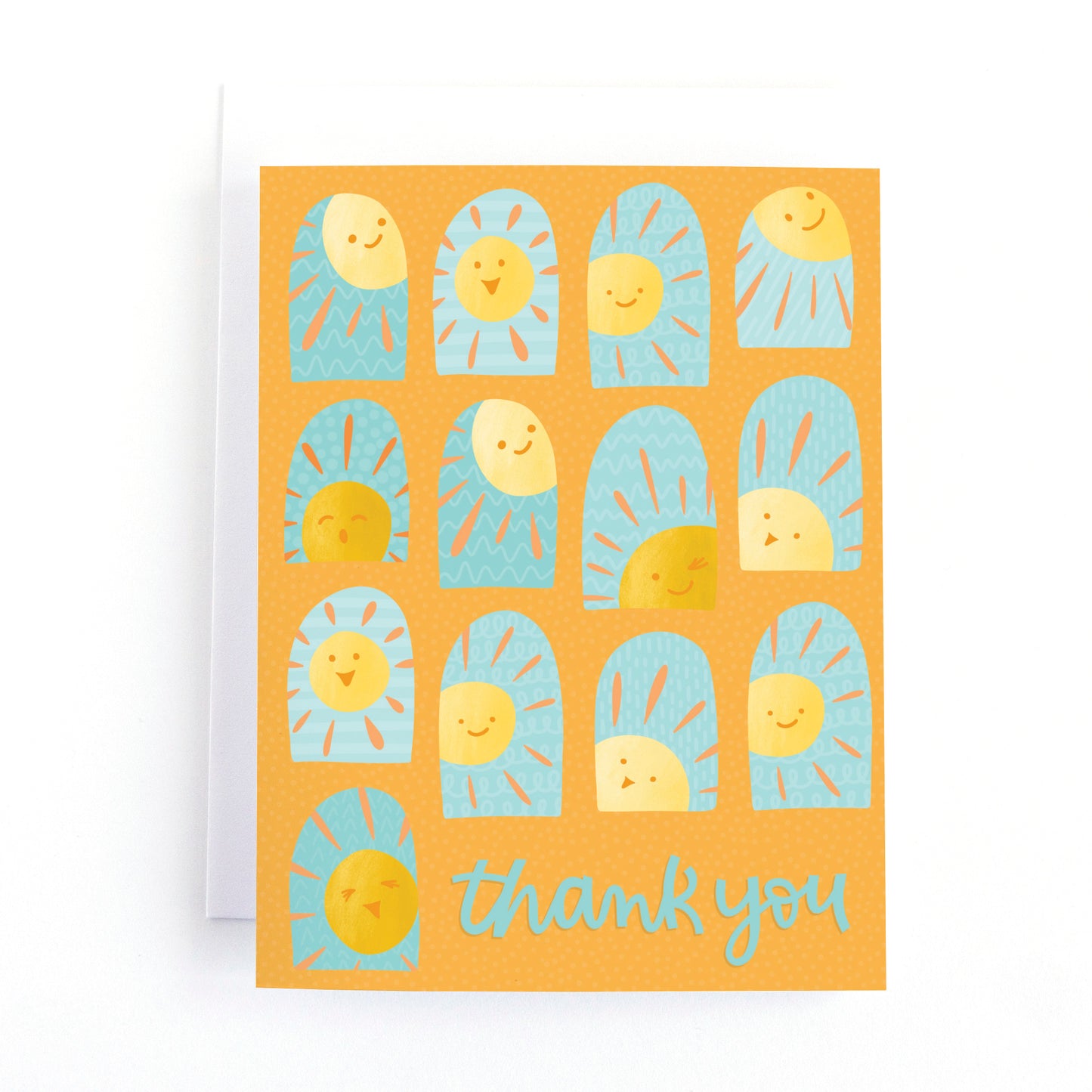 Thank you card with cute suns shining through arched windows.