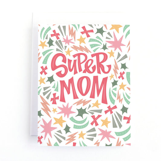 Superhero inspired mother's day card with comic book style shapes and the text Super Mom