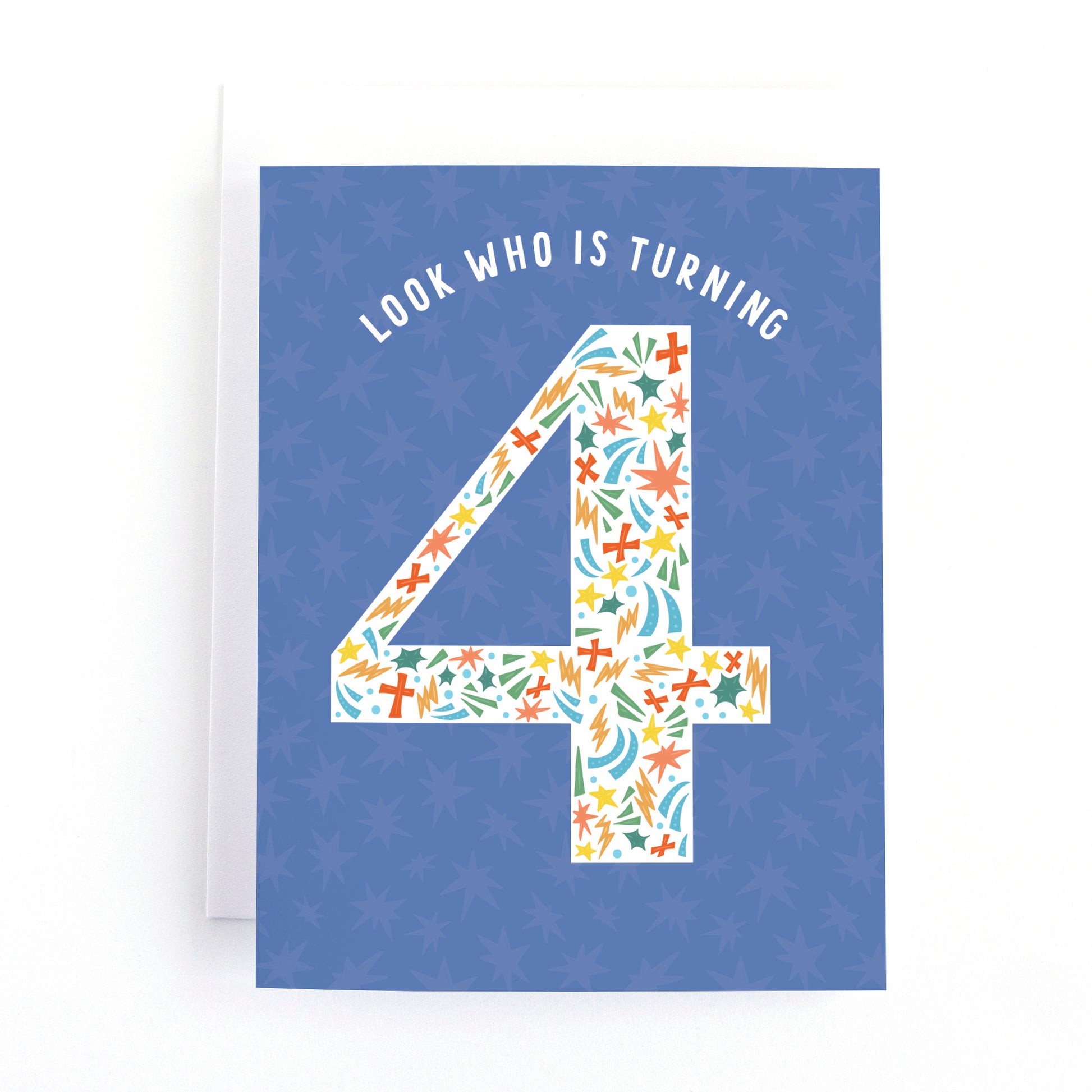 4th birthday card with comic book illustrations in the shape of the number four on a blue background.