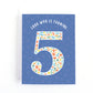 Children's 5th birthday card with comic book illustrations in the shape of the number 5 on a blue background.