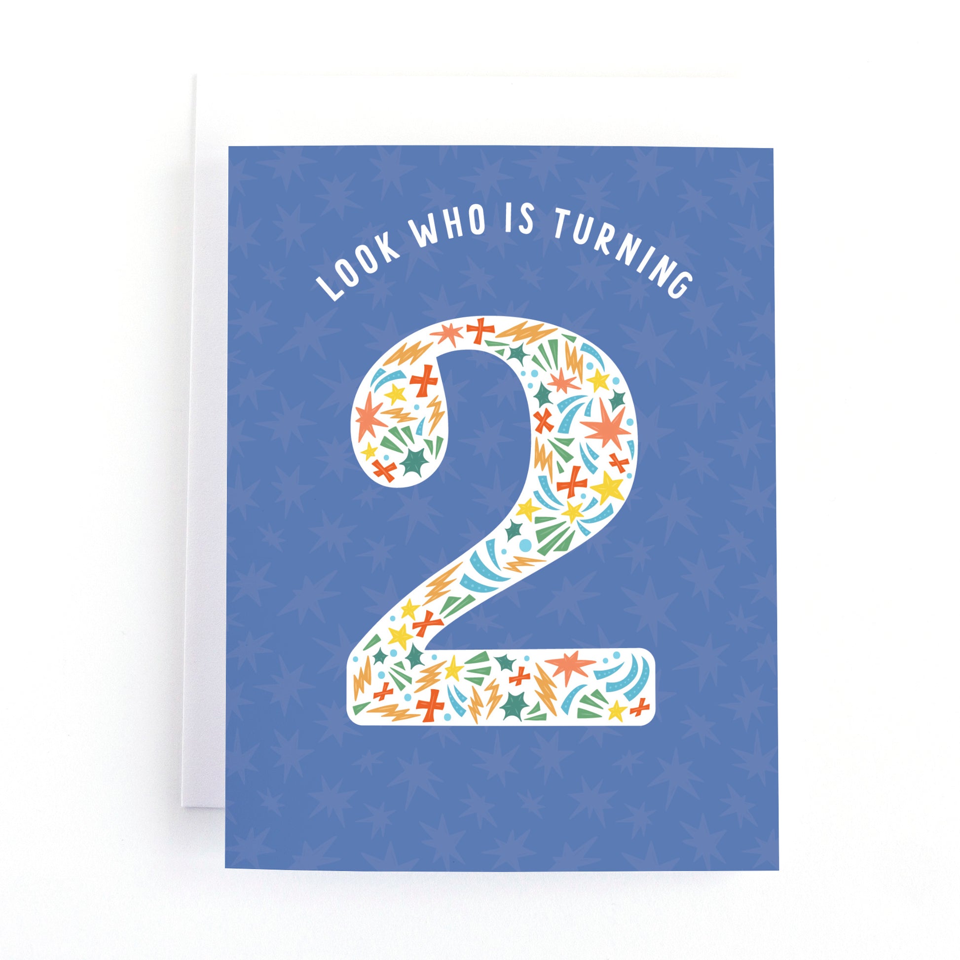 2nd birthday card for toddlers with a comic book illustrations in the shape of the number 2 on a blue background.