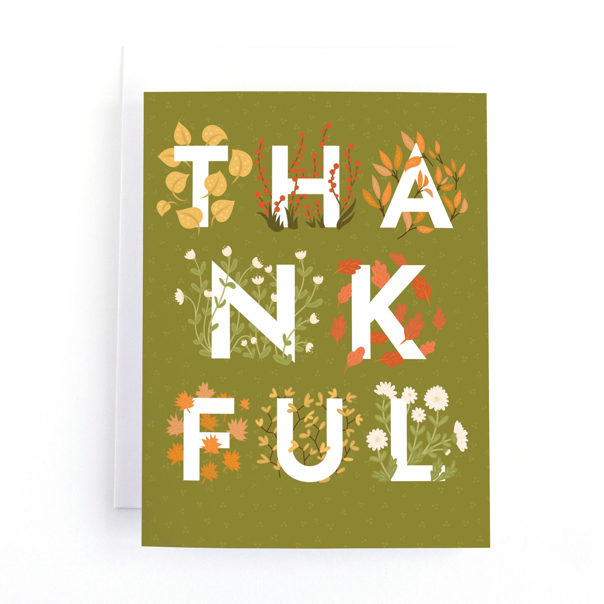 Thanksgiving card with fall leaves and flowers surrounding the word "thankful"