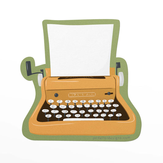 Vinyl sticker with an illustration of a vintage, yellow typewriter on a green background.