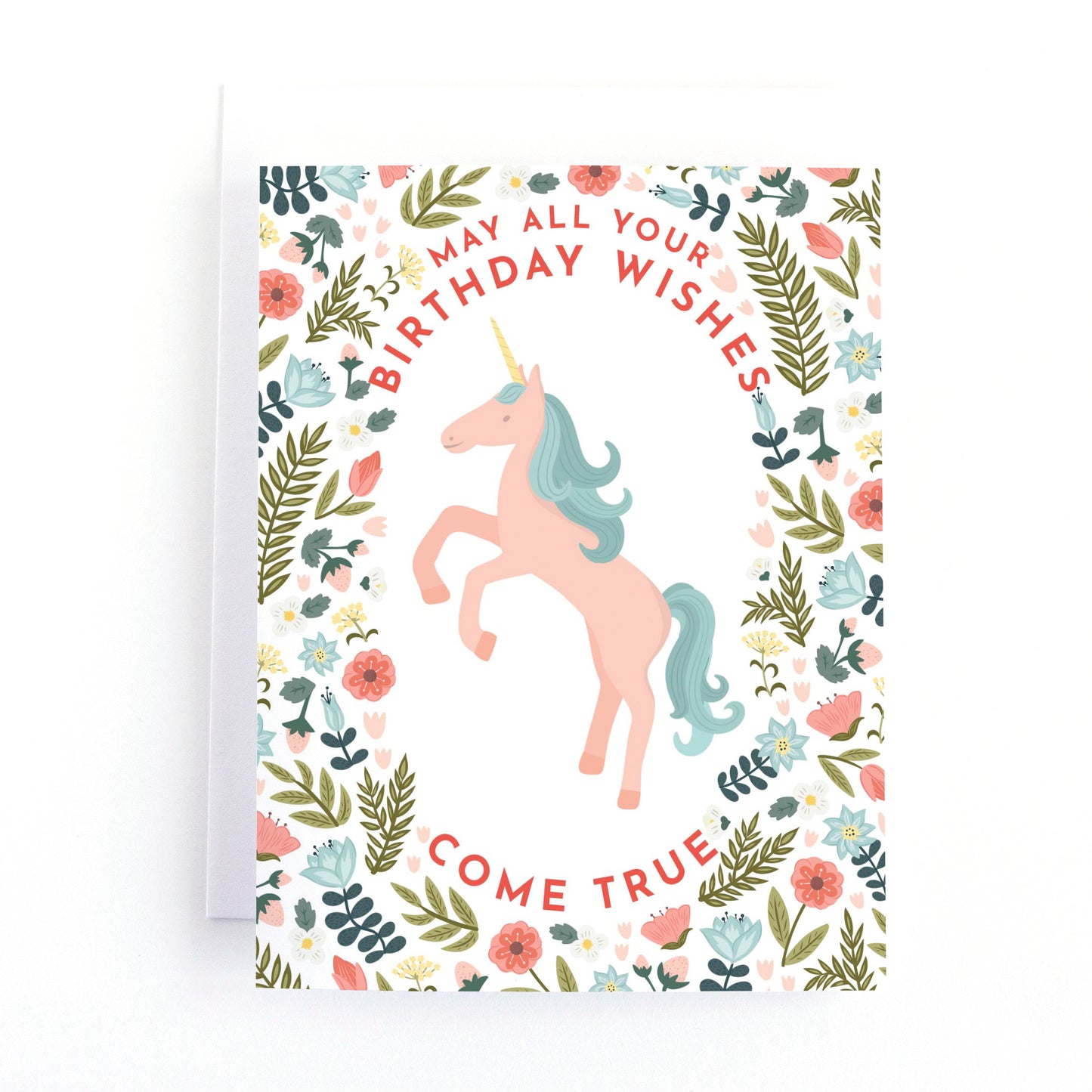 kids birthday card with a pink unicorn surrounded by whimsical flowers and berries and the message, may all your birthday wishes come true.