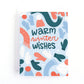 Blue and Red holiday greeting card with cute mittens surrounding the text, "warm winter wishes.