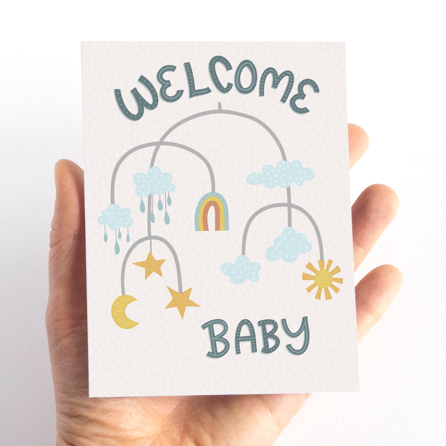 gender neutral welcome Baby card for baby showers with modern mobile illustration