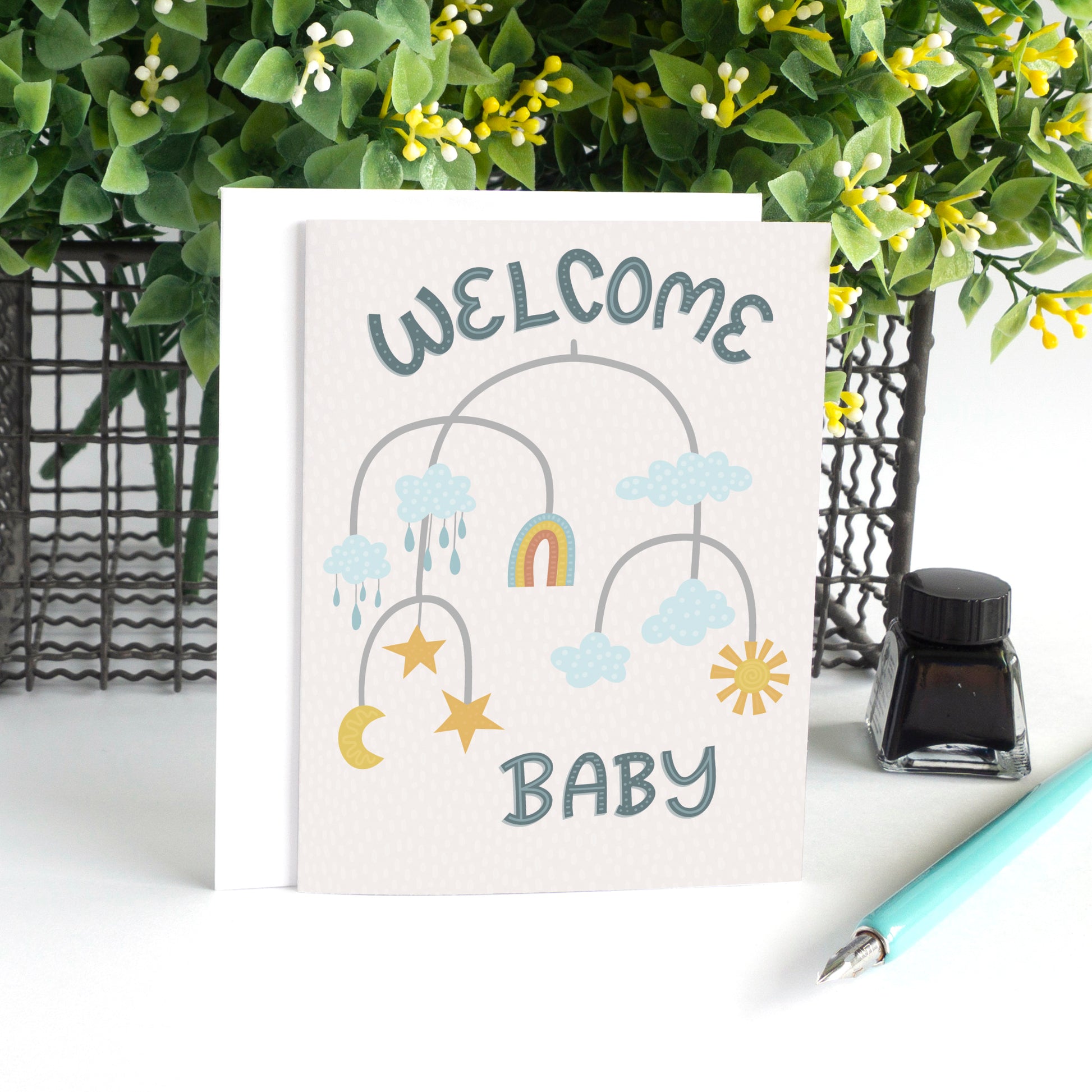 best gender neutral baby card with modern mobile illustration for baby showers