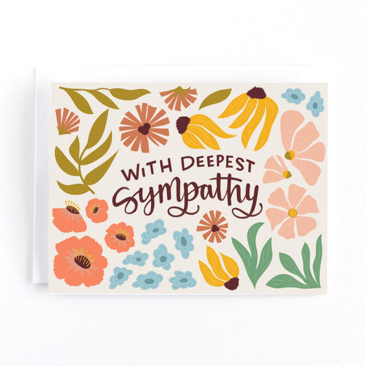 Floral sympathy card with modern styled flower illustrations and the message with deepest sympathy
