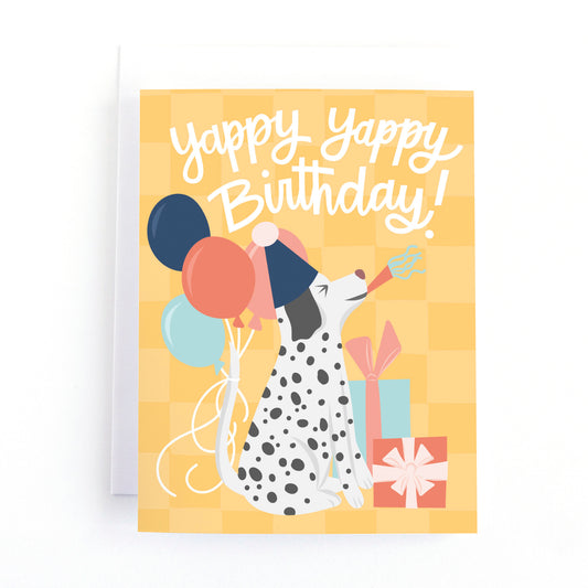 Dog themed birthday card for kids with a dalmation in a party hat and the message, yappy, yappy birthday.
