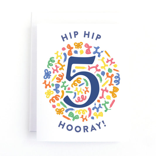 kid's 5th birthday card with colourful hand drawn illustrations of balloon animals surrounding the number 5.