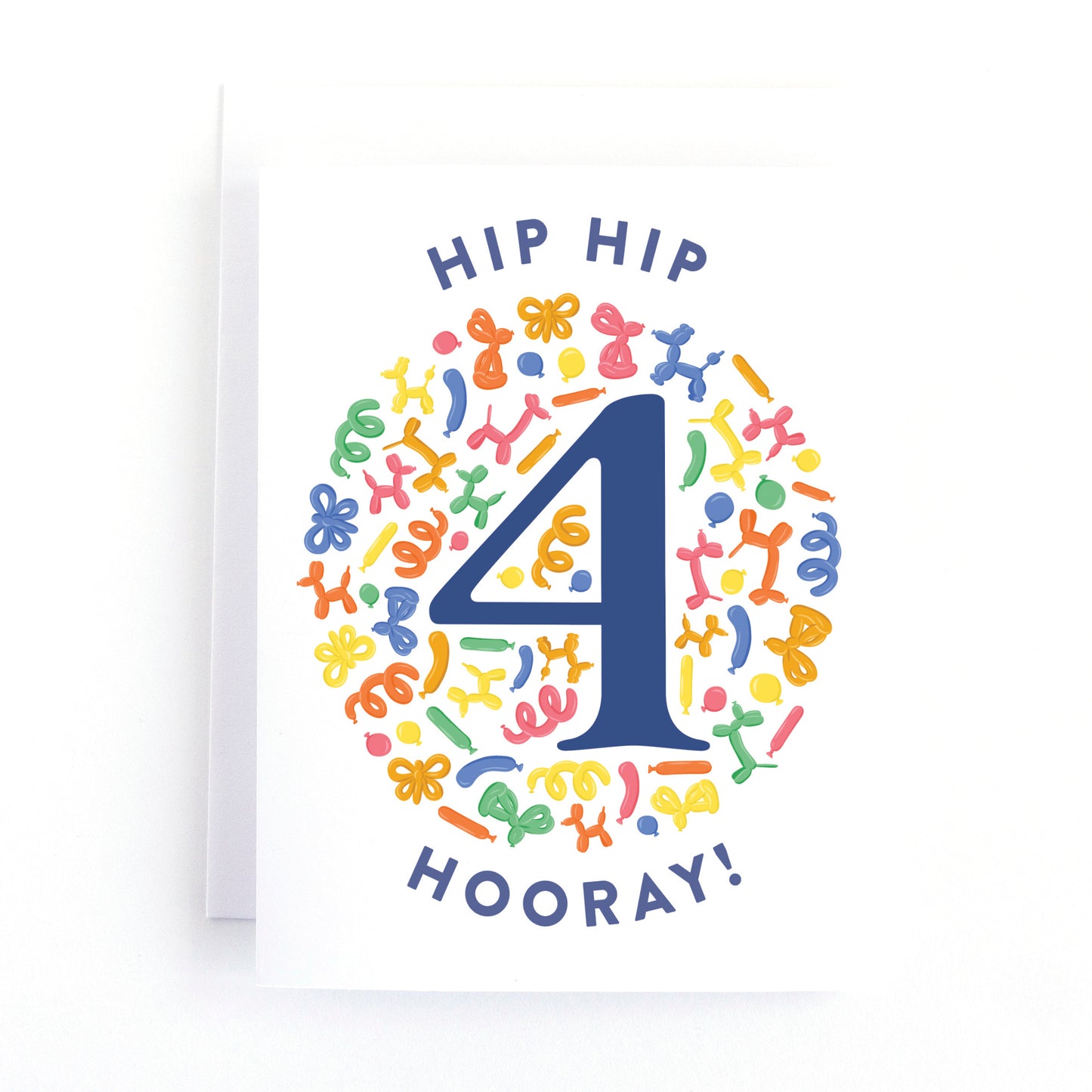 children's fourth birthday card with playful illustrations of balloon animals surrounding the number four on a white background.