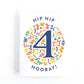 children's fourth birthday card with playful illustrations of balloon animals surrounding the number four on a white background.