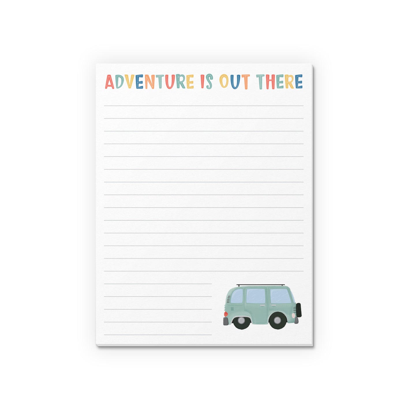 mini to do list notepad with an illustration of a vintage camper van and the title, adventure is out there in multicoloured lettering.