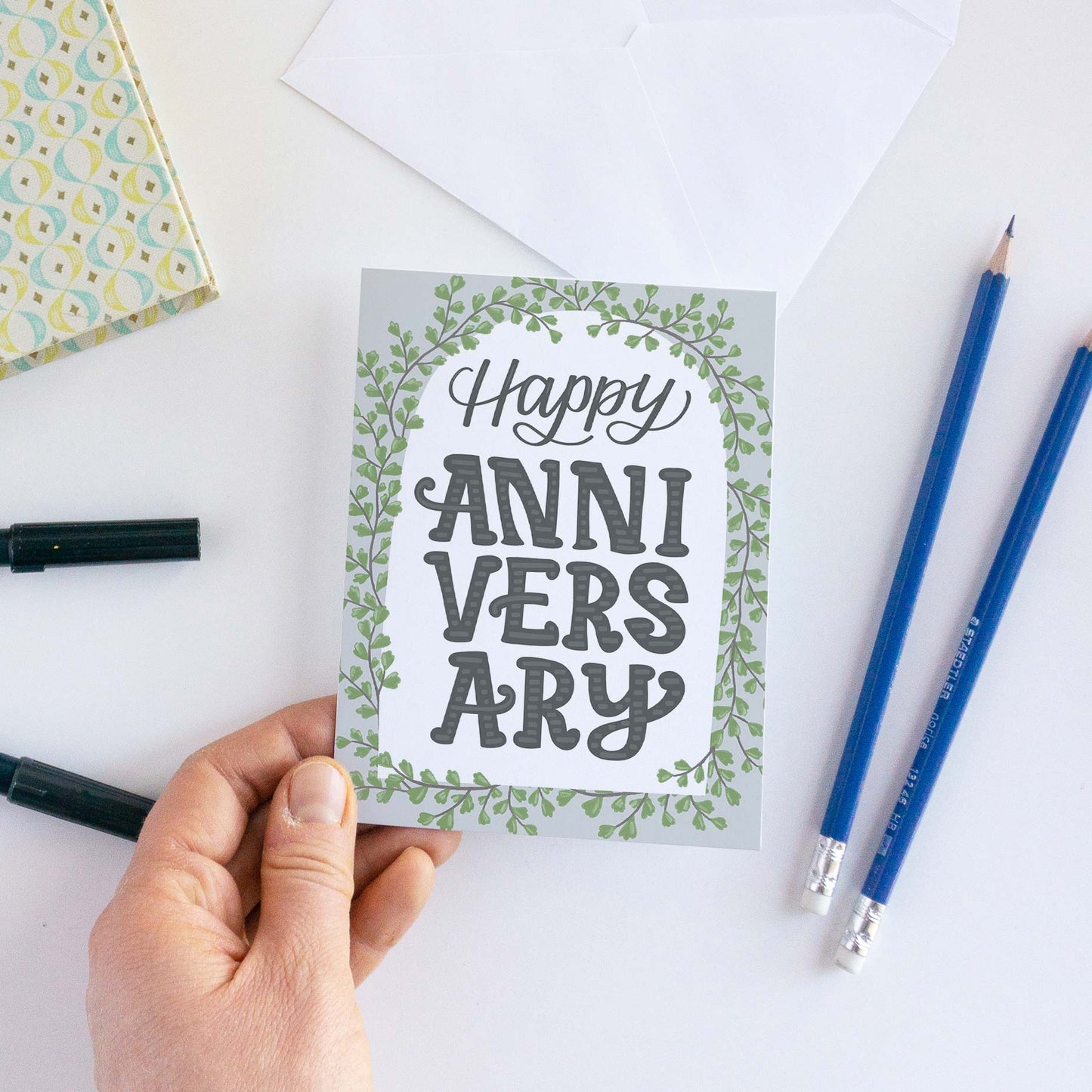 Arched Greenery Happy Anniversary Card